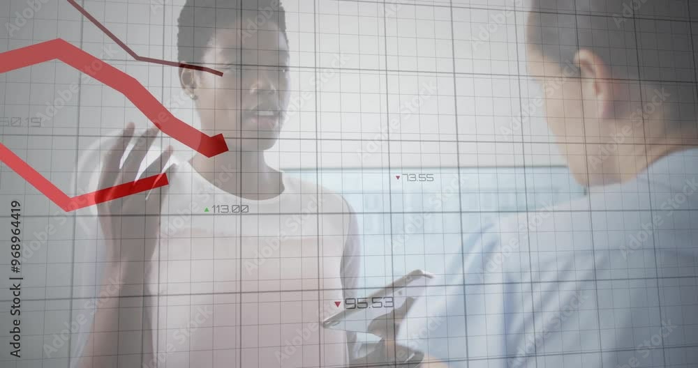 Poster animation of red lines and financial data processing over diverse business people in office