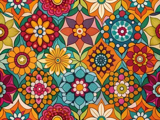 Geometric shapes in bold colors and subtle textures, a 1970s-inspired polyester fabric pattern featuring floral motifs and abstract geometrics.