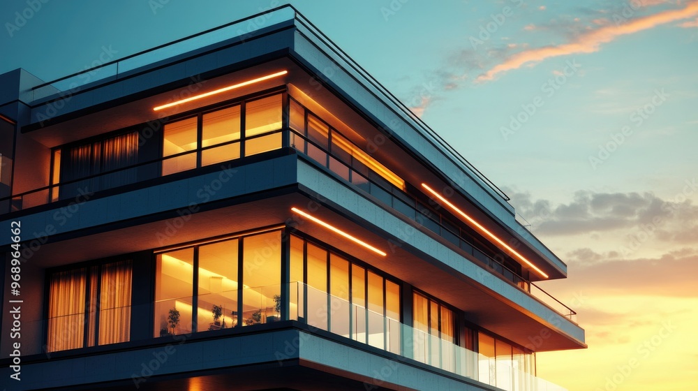 Poster digital 3d render of a modern multi-story building at twilight, designed using bim technology, with 