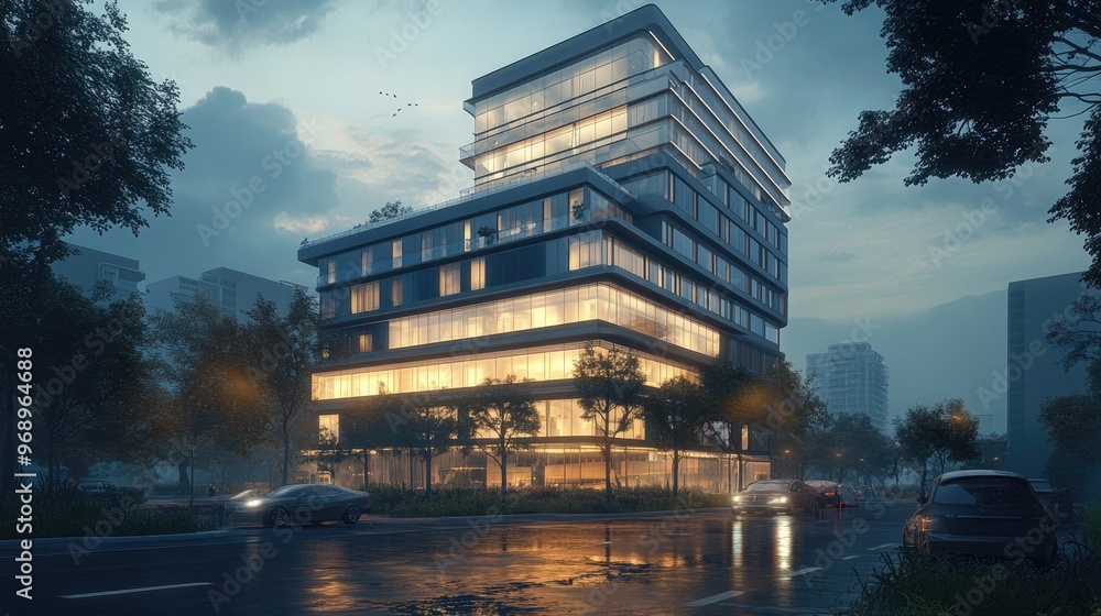 Poster digital 3d render of a modern multi-story building at twilight, designed using bim technology, with 