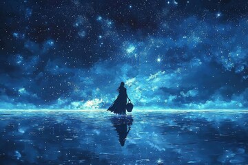 Silhouetted figure standing in serene, moonlit lake under starry night sky