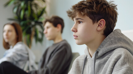 NON BINARY teenagers at group meeting with psychologist, support group, bullying at school.