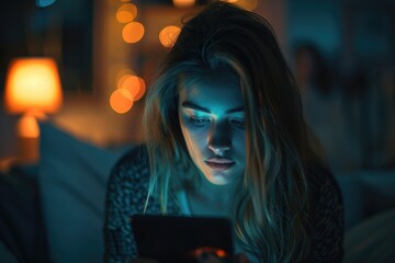 Fototapeta premium Young Woman Using Smartphone at Night with Cozy and Colorful Bokeh Lights