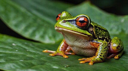 Obraz premium Green Tree Frog with Orange Eyes Close-up.
