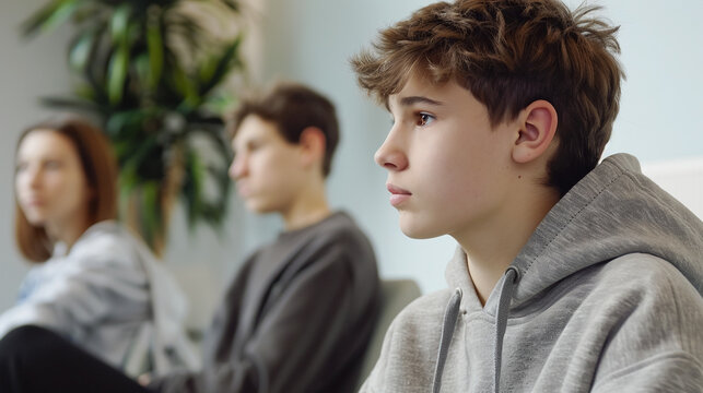 NON BINARY teenagers at group meeting with psychologist, support group, bullying at school.