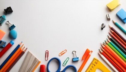 White background with various stationary items arranged as a border along the bottom, creating a clean and minimalistic workspace theme.