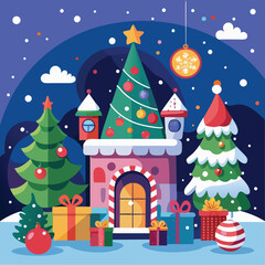 Festive Christmas Celebration with Gifts, Tree, and Snowman – Family Holiday, Vector illustration