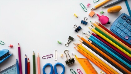 White background with various stationary items arranged as a border along the bottom, creating a clean and minimalistic workspace theme.