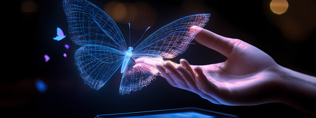 Holographic Butterfly with Wireframe Design