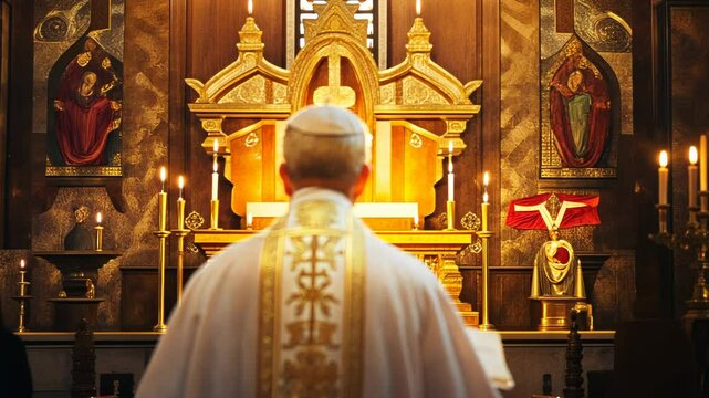 Catholic priest in ornate gold vestments facing altar during Mass. Rear view of clergyman at elaborate church sanctuary with golden tabernacle. Traditional Latin rite liturgy ceremony
