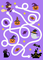 Halloween maze game for kids with cute illustration. Help the witch find the way to her haunted house. Kids labyrinth puzzle.