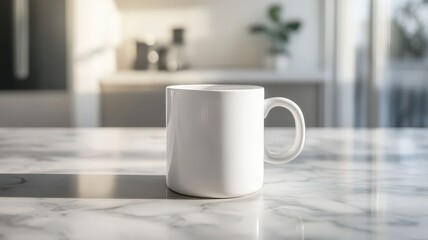Obraz premium A white ceramic coffee mug sits on a marble table in a sunlit kitchen during the morning