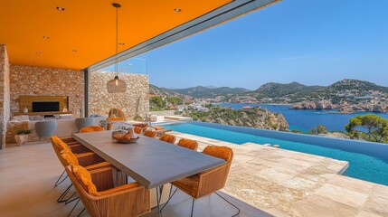 Fototapeta premium Luxury Villa Interior with Ocean View Modern Design, Infinity Pool, and Scenic Island Background