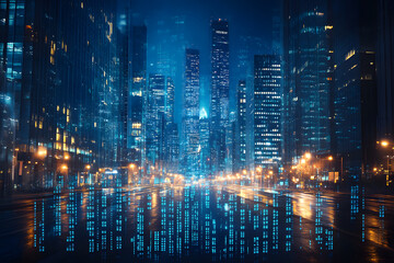 Obraz premium Stock Market Graph and Skyscrapers in Double Exposure: Blue-Themed Business Conceptual Illustration