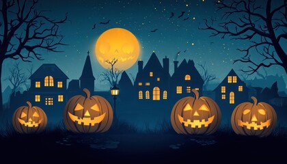 Fototapeta premium Jack-O'-Lanterns Glowing on Halloween Night in Front of a Silhouetted Village