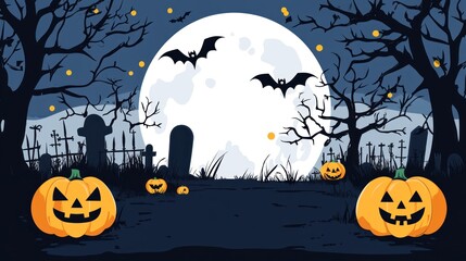Fototapeta premium Halloween Night in a Graveyard with Jack-o'-Lanterns and Bats