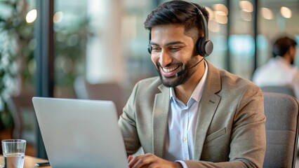 Happy Indian call center agent wearing headset talking to client working in customer support office. Professional contract service telemarketing operator using laptop having conversation. Candid shot