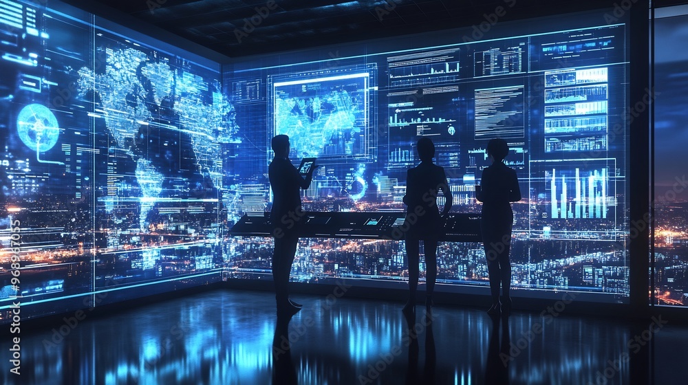 Aufkleber three business people stand in a room illuminated by large glowing screens displaying city skyline a