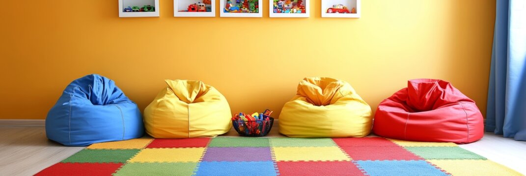 Playroom interior with colorful bean bag chairs and a soft EVA foam play mat on a floor.