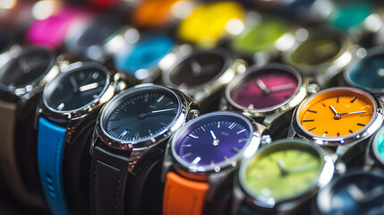 A display of colorful wristwatches arranged in a circular pattern.