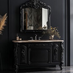 A luxurious French-style black bathroom vanity with intricate gold details, ornate carvings, and a round mirror.