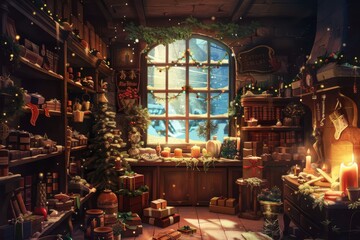 Enchanting illustration of an old magic shop filled with Christmas decorations and gifts. Cozy christmas scene with decorations, a warming fireplace and a christmas tree, Happy seasons greetings