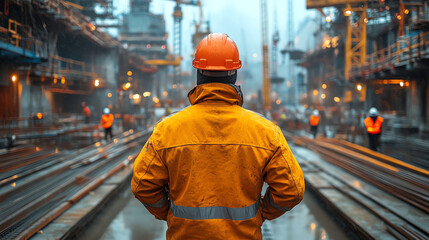 Construction worker in safety gear observing a busy site with machinery and cranes, indicating a productive work environment.