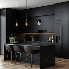  A modern kitchen with sleek black cabinetry, a large island, minimalistic decor, and warm ambient lighting.