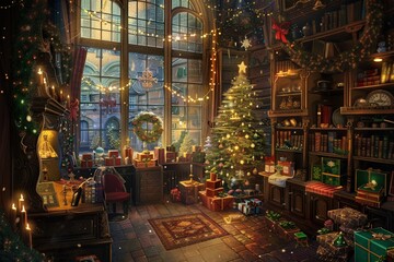 Obraz premium Enchanting illustration of an old magic shop filled with Christmas decorations and gifts. Cozy christmas scene with decorations, a warming fireplace and a christmas tree, Happy seasons greetings