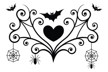 Curly hearts fancy line Spider web black and white background, Scary spider hanging on a cobweb love shape stretched Bat Halloween decoration, and Valentine's Day Elegant Scroll design elements
