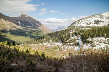 Iceberg lake at the Glacier national park, Montana, USA. Hiking trail is the most beautiful scenery of the u shape valley and covered with snow.
