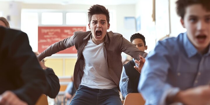 Angry student shouting in a classroom.