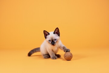 Playful Siamese Kitten with Toy on Orange Background