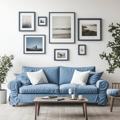 Cozy living room with blue sofa and framed artwork on the wall, featuring plants for a serene home atmosphere