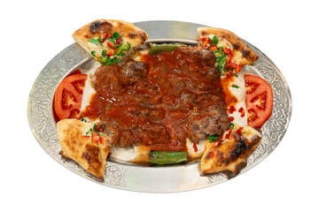 Kebab served on metal plate, top view, isolated white background.