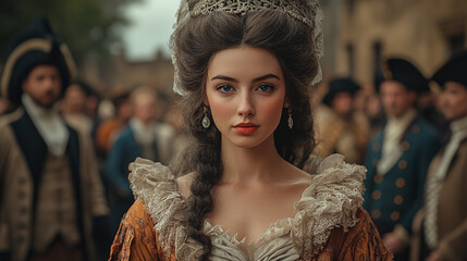 Elegant woman in historical attire, showcasing beauty and grace in a vibrant outdoor setting, surrounded by regal atmosphere.
