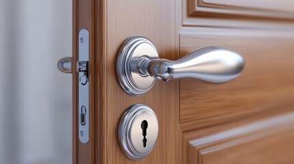 Obraz premium A close up of a door handle and lock on an interior wooden door, AI
