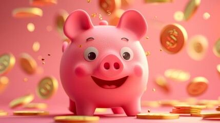3D Pink Piggy Bank Smiling with Falling Gold Coins, Savings and Investment Concept, Pink Background