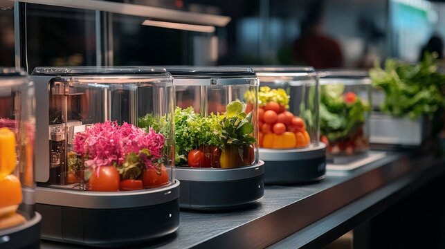 Futuristic AI-powered 3D food printers creating customizable meals on demand: Machines using AI to generate meals based on personal nutritional requirements and taste preferences.