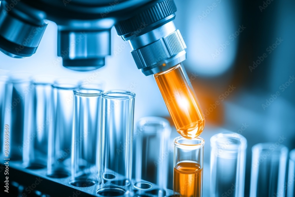Poster the scientific optical microscope is equipped with a metal lens at the laboratory. concepts of scien
