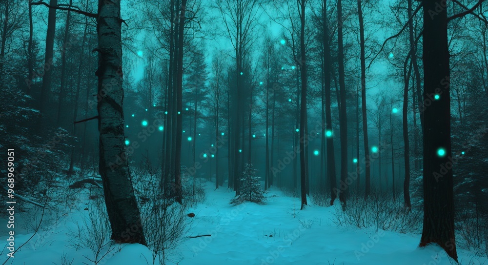 Poster a path in a snowy winter forest with generative ai copy space