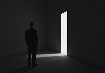 Obraz premium Concept for success of businessman looking out of abstract opening in wall next to bright daylight in concrete interior.