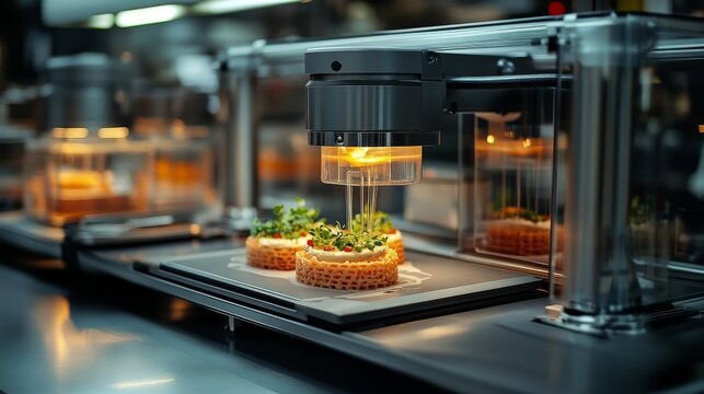Futuristic AI-powered 3D food printers creating customizable meals on demand: Machines using AI to generate meals based on personal nutritional requirements and taste preferences.