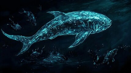 Fototapeta premium A large fish swims through the dark water, surrounded by smaller fish. Its body is made of glowing particles.