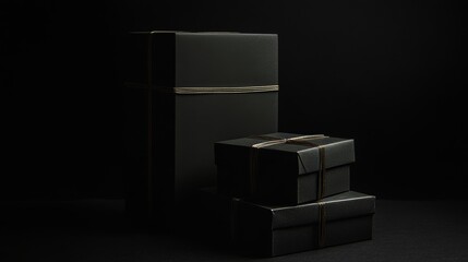 With a black background and a gold ribbon, this black gift box has a gold ribbon