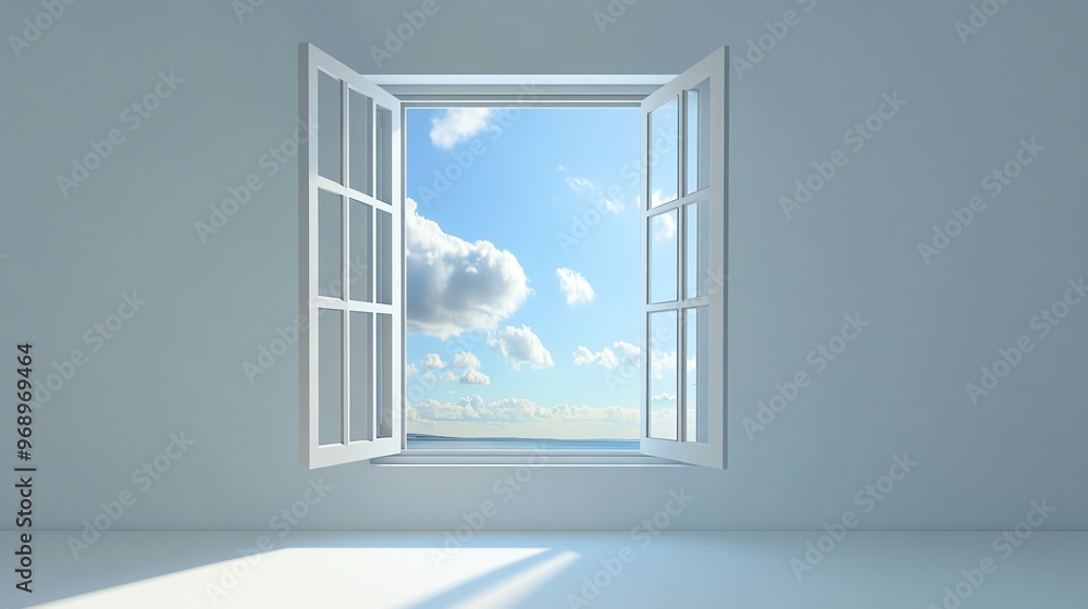 Poster a white window is open to a view of a blue sky with clouds.