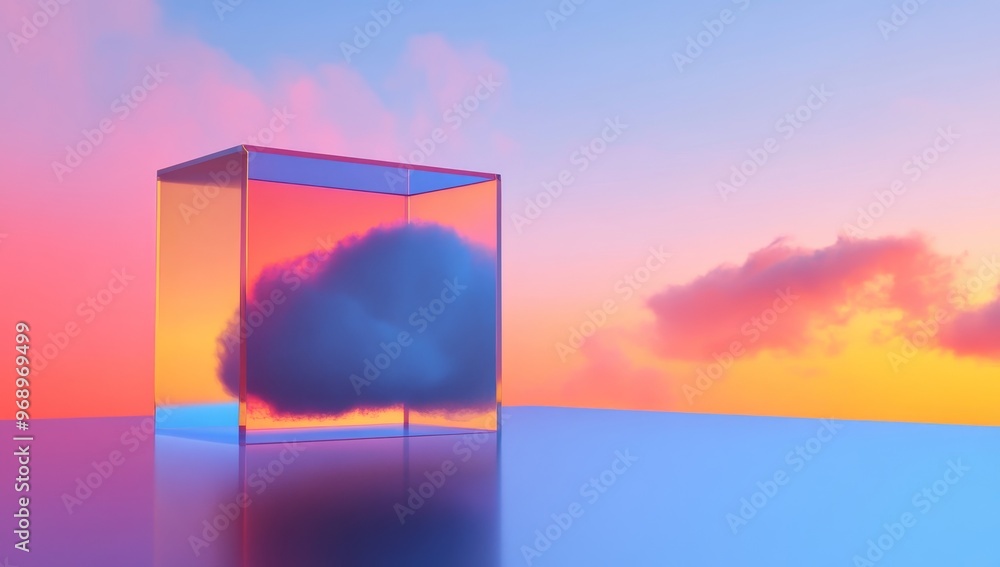 Poster animated 3d rendering of pink blue neon background with glowy clouds and geometric cubes