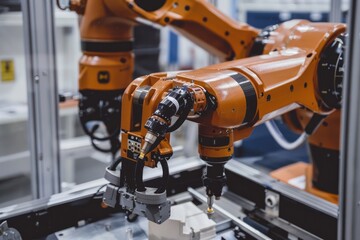 Industrial Orange Robotic Arm in Automated Manufacturing Facility Technology