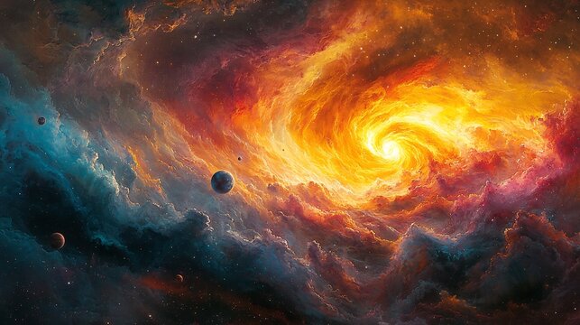 Semiabstract depiction of a swirling galaxy with planets orbiting in dynamic colorful patterns symbolizing the vastness of the universe