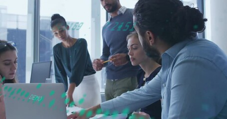 Animation of financial data processing over diverse business people in office - Powered by Adobe